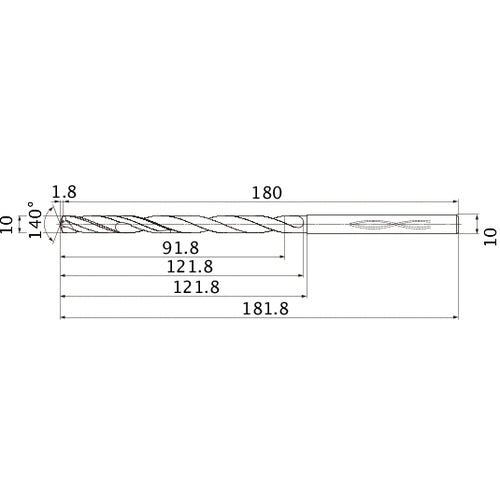 MHS1000L120B VP15TF 10 mm Dia. × 10 mm Shank × 121.8 mm Flute Length × 181.8 mm OAL, 140°, 2 Flute, Coolant Thru, Solid Carbide Drill