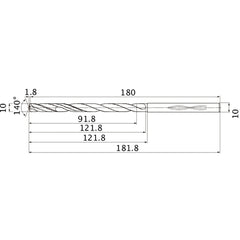 MHS1000L120B VP15TF 10 mm Dia. × 10 mm Shank × 121.8 mm Flute Length × 181.8 mm OAL, 140°, 2 Flute, Coolant Thru, Solid Carbide Drill