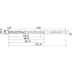 MHS1050L090B VP15TF 10.5 mm Dia. × 12 mm Shank × 90.4 mm Flute Length × 151.9 mm OAL, 140°, 2 Flute, Coolant Thru, Solid Carbide Drill