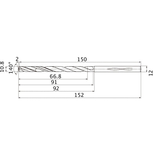 MHS1080L090B VP15TF 10.8 mm Dia. × 12 mm Shank × 91 mm Flute Length × 152 mm OAL, 140°, 2 Flute, Coolant Thru, Solid Carbide Drill