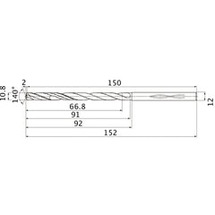 MHS1080L090B VP15TF 10.8 mm Dia. × 12 mm Shank × 91 mm Flute Length × 152 mm OAL, 140°, 2 Flute, Coolant Thru, Solid Carbide Drill