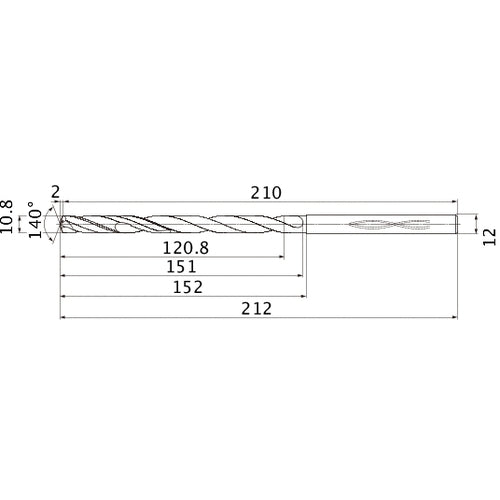 MHS1080L150B VP15TF 10.8 mm Dia. × 12 mm Shank × 151 mm Flute Length × 212 mm OAL, 140°, 2 Flute, Coolant Thru, Solid Carbide Drill