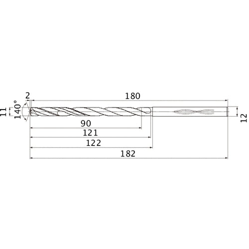 MHS1100L120B VP15TF 11 mm Dia. × 12 mm Shank × 121 mm Flute Length × 182 mm OAL, 140°, 2 Flute, Coolant Thru, Solid Carbide Drill