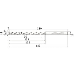 MHS1100L120B VP15TF 11 mm Dia. × 12 mm Shank × 121 mm Flute Length × 182 mm OAL, 140°, 2 Flute, Coolant Thru, Solid Carbide Drill