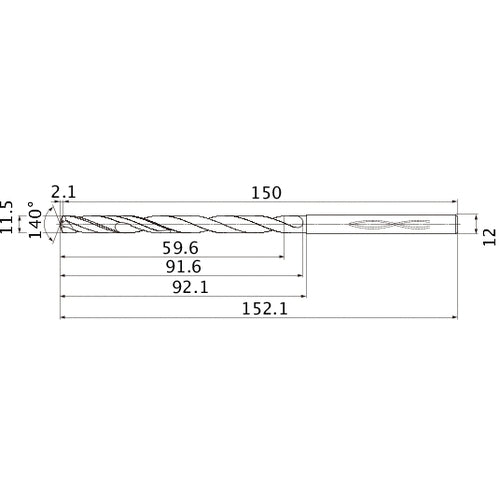 MHS1150L090B VP15TF 11.5 mm Dia. × 12 mm Shank × 91.6 mm Flute Length × 152.1 mm OAL, 140°, 2 Flute, Coolant Thru, Solid Carbide Drill