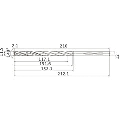 MHS1150L150B VP15TF 11.5 mm Dia. × 12 mm Shank × 151.6 mm Flute Length × 212.1 mm OAL, 140°, 2 Flute, Coolant Thru, Solid Carbide Drill