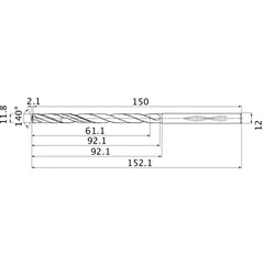 MHS1180L090B VP15TF 11.8 mm Dia. × 12 mm Shank × 92.1 mm Flute Length × 152.1 mm OAL, 140°, 2 Flute, Coolant Thru, Solid Carbide Drill