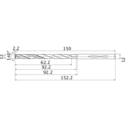 MHS1200L090B VP15TF 12 mm Dia. × 12 mm Shank × 92.2 mm Flute Length × 152.2 mm OAL, 140°, 2 Flute, Coolant Thru, Solid Carbide Drill