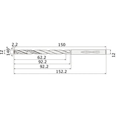 MHS1200L090B VP15TF 12 mm Dia. × 12 mm Shank × 92.2 mm Flute Length × 152.2 mm OAL, 140°, 2 Flute, Coolant Thru, Solid Carbide Drill