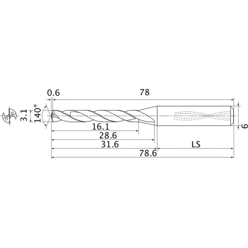 MMS0310X5DB DP7020 3.1 mm Dia. × 6 mm Shank × 28.6 mm Flute Length × 78.6 mm OAL, 140°, 2 Flute, Coolant Thru, Solid Carbide Drill