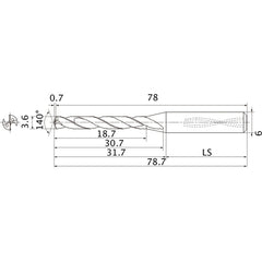 MMS0360X5DB DP7020 3.6 mm Dia. × 6 mm Shank × 30.7 mm Flute Length × 78.7 mm OAL, 140°, 2 Flute, Coolant Thru, Solid Carbide Drill