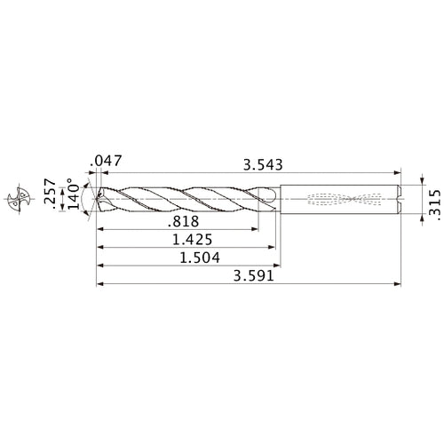 MMS0653X3D080 DP7020 0.257″ Dia. × 0.315″ Shank × 1.425″ Flute Length × 3.591″ OAL, 140°, 2 Flute, Coolant Thru, Solid Carbide Drill