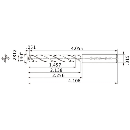 MMS0714X5D080 DP7020 0.2812″ Dia. × 0.315″ Shank × 2.138″ Flute Length × 4.106″ OAL, 140°, 2 Flute, Coolant Thru, Solid Carbide Drill