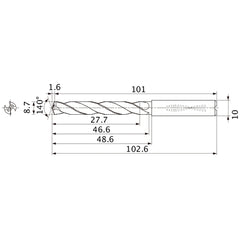 MMS0870X3DB DP7020 8.7 mm Dia. × 10 mm Shank × 46.6 mm Flute Length × 102.6 mm OAL, 140°, 2 Flute, Coolant Thru, Solid Carbide Drill