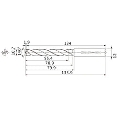 MMS1070X5DB DP7020 10.7 mm Dia. × 12 mm Shank × 78.9 mm Flute Length × 135.9 mm OAL, 140°, 2 Flute, Coolant Thru, Solid Carbide Drill