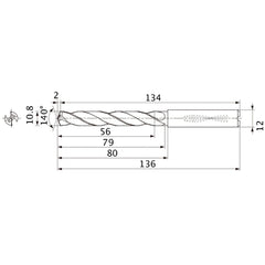 MMS1080X5DB DP7020 10.8 mm Dia. × 12 mm Shank × 79 mm Flute Length × 136 mm OAL, 140°, 2 Flute, Coolant Thru, Solid Carbide Drill