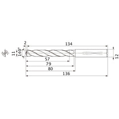 MMS1100X5DB DP7020 11 mm Dia. × 12 mm Shank × 79 mm Flute Length × 136 mm OAL, 140°, 2 Flute, Coolant Thru, Solid Carbide Drill