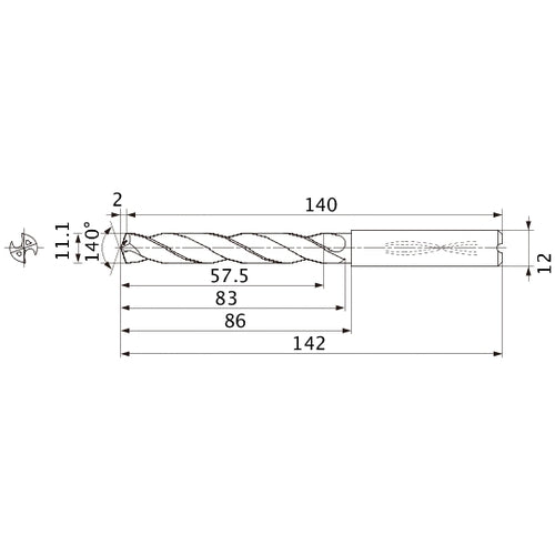 MMS1110X5DB DP7020 11.1 mm Dia. × 12 mm Shank × 83 mm Flute Length × 142 mm OAL, 140°, 2 Flute, Coolant Thru, Solid Carbide Drill