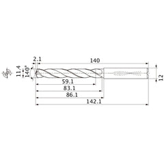 MMS1140X5DB DP7020 11.4 mm Dia. × 12 mm Shank × 83.1 mm Flute Length × 142.1 mm OAL, 140°, 2 Flute, Coolant Thru, Solid Carbide Drill
