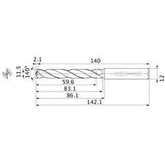 MMS1150X5DB DP7020 11.5 mm Dia. × 12 mm Shank × 83.1 mm Flute Length × 142.1 mm OAL, 140°, 2 Flute, Coolant Thru, Solid Carbide Drill