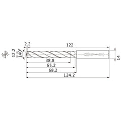 MMS1220X3DB DP7020 12.2 mm Dia. × 14 mm Shank × 65.2 mm Flute Length × 124.2 mm OAL, 140°, 2 Flute, Coolant Thru, Solid Carbide Drill
