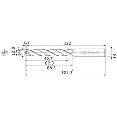 MMS1280X3DB DP7020 12.8 mm Dia. × 14 mm Shank × 67.3 mm Flute Length × 124.3 mm OAL, 140°, 2 Flute, Coolant Thru, Solid Carbide Drill