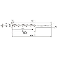 MMS1290X3DB DP7020 12.9 mm Dia. × 14 mm Shank × 67.3 mm Flute Length × 124.3 mm OAL, 140°, 2 Flute, Coolant Thru, Solid Carbide Drill