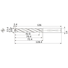 MMS1340X3DB DP7020 13.4 mm Dia. × 14 mm Shank × 70.4 mm Flute Length × 128.4 mm OAL, 140°, 2 Flute, Coolant Thru, Solid Carbide Drill