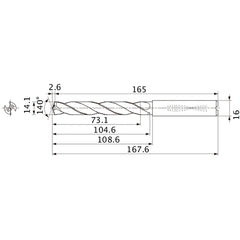 MMS1410X5DB DP7020 14.1 mm Dia. × 16 mm Shank × 104.6 mm Flute Length × 167.6 mm OAL, 140°, 2 Flute, Coolant Thru, Solid Carbide Drill