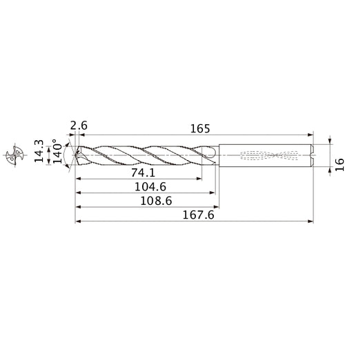 MMS1430X5DB DP7020 14.3 mm Dia. × 16 mm Shank × 104.6 mm Flute Length × 167.6 mm OAL, 140°, 2 Flute, Coolant Thru, Solid Carbide Drill