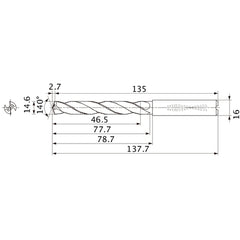 MMS1460X3DB DP7020 14.6 mm Dia. × 16 mm Shank × 77.7 mm Flute Length × 137.7 mm OAL, 140°, 2 Flute, Coolant Thru, Solid Carbide Drill