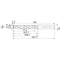 MMS1490X5DB DP7020 14.9 mm Dia. × 16 mm Shank × 107.7 mm Flute Length × 167.7 mm OAL, 140°, 2 Flute, Coolant Thru, Solid Carbide Drill