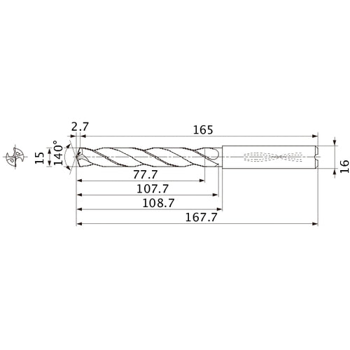 MMS1500X5DB DP7020 15 mm Dia. × 16 mm Shank × 107.7 mm Flute Length × 167.7 mm OAL, 140°, 2 Flute, Coolant Thru, Solid Carbide Drill