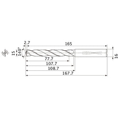 MMS1500X5DB DP7020 15 mm Dia. × 16 mm Shank × 107.7 mm Flute Length × 167.7 mm OAL, 140°, 2 Flute, Coolant Thru, Solid Carbide Drill