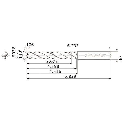 MMS1508X5D160 DP7020 0.5938″ Dia. × 0.63″ Shank × 4.398″ Flute Length × 6.839″ OAL, 140°, 2 Flute, Coolant Thru, Solid Carbide Drill