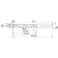 MMS1520X5DB DP7020 15.2 mm Dia. × 16 mm Shank × 111.8 mm Flute Length × 173.8 mm OAL, 140°, 2 Flute, Coolant Thru, Solid Carbide Drill