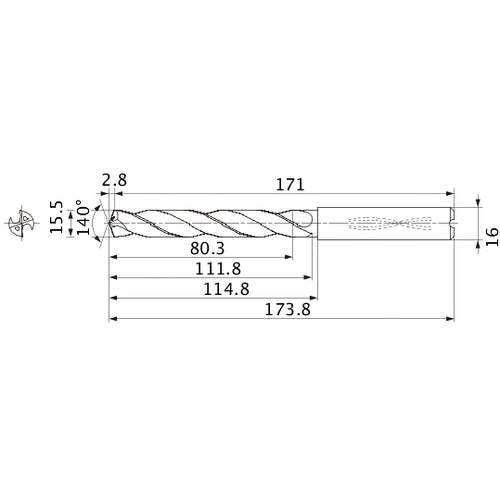 MMS1550X5DB DP7020 15.5 mm Dia. × 16 mm Shank × 111.8 mm Flute Length × 173.8 mm OAL, 140°, 2 Flute, Coolant Thru, Solid Carbide Drill
