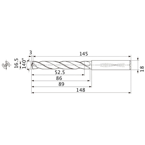 MMS1650X3DB DP7020 16.5 mm Dia. × 18 mm Shank × 86 mm Flute Length × 148 mm OAL, 140°, 2 Flute, Coolant Thru, Solid Carbide Drill