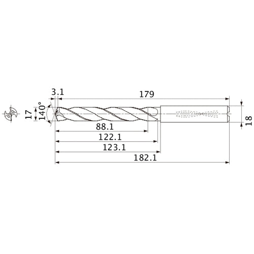 MMS1700X5DB DP7020 17 mm Dia. × 18 mm Shank × 122.1 mm Flute Length × 182.1 mm OAL, 140°, 2 Flute, Coolant Thru, Solid Carbide Drill