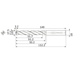 MMS1750X3DB DP7020 17.5 mm Dia. × 18 mm Shank × 91.2 mm Flute Length × 152.2 mm OAL, 140°, 2 Flute, Coolant Thru, Solid Carbide Drill