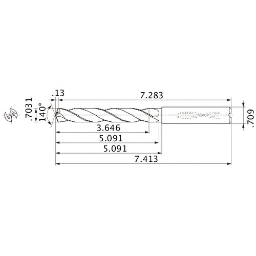MMS1786X5D180 DP7020 0.7031″ Dia. × 0.709″ Shank × 5.091″ Flute Length × 7.413″ OAL, 140°, 2 Flute, Coolant Thru, Solid Carbide Drill
