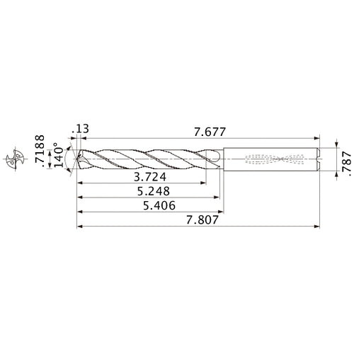 MMS1826X5D200 DP7020 0.7188″ Dia. × 0.787″ Shank × 5.248″ Flute Length × 7.807″ OAL, 140°, 2 Flute, Coolant Thru, Solid Carbide Drill