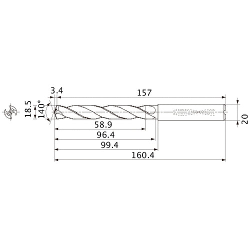 MMS1850X3DB DP7020 18.5 mm Dia. × 20 mm Shank × 96.4 mm Flute Length × 160.4 mm OAL, 140°, 2 Flute, Coolant Thru, Solid Carbide Drill