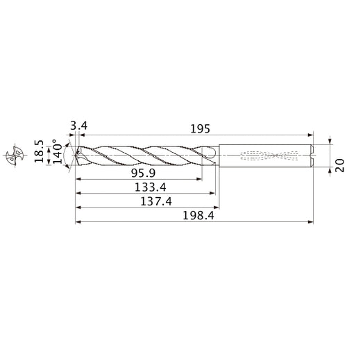 MMS1850X5DB DP7020 18.5 mm Dia. × 20 mm Shank × 133.4 mm Flute Length × 198.4 mm OAL, 140°, 2 Flute, Coolant Thru, Solid Carbide Drill