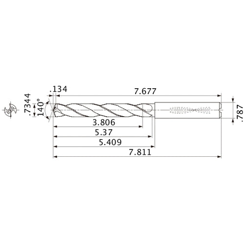 MMS1865X5D200 DP7020 0.7344″ Dia. × 0.787″ Shank × 5.37″ Flute Length × 7.811″ OAL, 140°, 2 Flute, Coolant Thru, Solid Carbide Drill