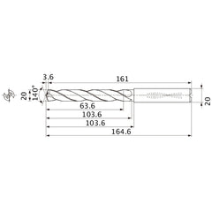 MMS2000X3DB DP7020 20 mm Dia. × 20 mm Shank × 103.6 mm Flute Length × 164.6 mm OAL, 140°, 2 Flute, Coolant Thru, Solid Carbide Drill