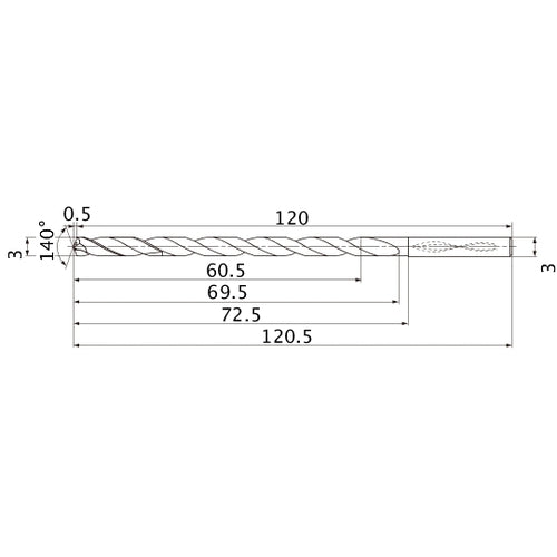 MNS0300X20DB TF15 3 mm Dia. × 3 mm Shank × 69.5 mm Flute Length × 120.5 mm OAL, 140°, 2 Flute, Coolant Thru, Solid Carbide Drill