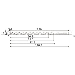 MNS0300X20DB TF15 3 mm Dia. × 3 mm Shank × 69.5 mm Flute Length × 120.5 mm OAL, 140°, 2 Flute, Coolant Thru, Solid Carbide Drill