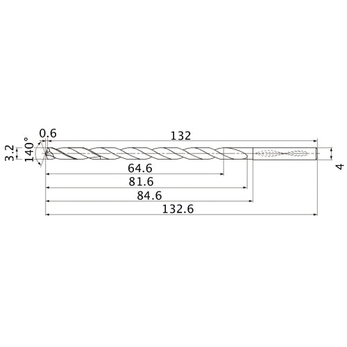 MNS0320X20DB TF15 3.2 mm Dia. × 4 mm Shank × 81.6 mm Flute Length × 132.6 mm OAL, 140°, 2 Flute, Coolant Thru, Solid Carbide Drill
