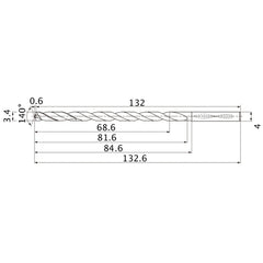 MNS0340X20DB TF15 3.4 mm Dia. × 4 mm Shank × 81.6 mm Flute Length × 132.6 mm OAL, 140°, 2 Flute, Coolant Thru, Solid Carbide Drill